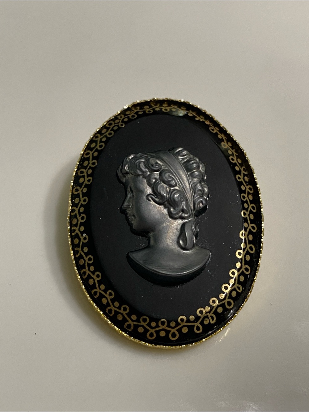 West Germany Black Cameo Brooch with Gold Accents